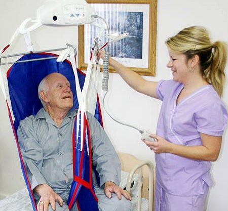 A nurse using a lift to position a patient